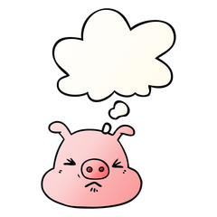 cartoon angry pig face and thought bubble in smooth gradient style