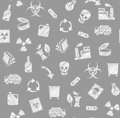 Waste collection and disposal, seamless pattern, gray, pencil shading, vector. Garbage collection, different types of waste. Vector, seamless background. Imitation of pencil hatching.  