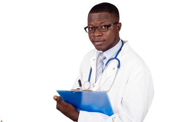 Portrait of young doctor doctor with stethoscope taking note