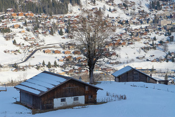 Fototapeta na wymiar Old wooden barn in the winter mountains and Grindelwald village in the valley in Bernese Alps In Switzerland.