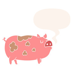 cartoon pig and speech bubble in retro style