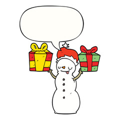 cartoon snowman and present and speech bubble