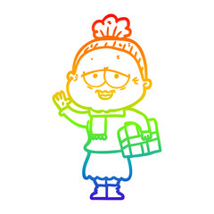 rainbow gradient line drawing cartoon happy old lady