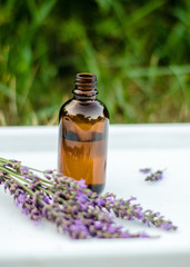 Lavender essential oil. Dark bottle of essential oil with fresh lavender twigs.  natural face and body beauty care concept.