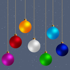 Set of Decorative Design Elements Christmas Balls Isolated on Gray Snowy Background.