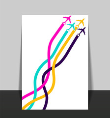 Template with colorful airplanes. business avia card with four  airplanes with tapes. Travel of airplane, for travel agencies, aviation companies. vector eps10