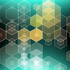  Abstract blue  background, colored hexagons of geometric design shapes. Brochure template