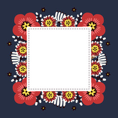 Floral greeting card and invitation template for wedding or birthday anniversary, Vector square shape of text box label and frame, Red flowers wreath ivy style with branch and leaves.