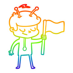 rainbow gradient line drawing friendly cartoon spaceman with white flag