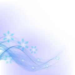  Vector blue smoky wave lines with beautiful snowflakes on abstract background.