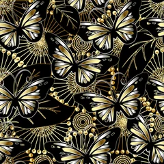 Behang Vlinders en bloemen 3D-vector naadloze patroon. Abstracte sier bloemenachtergrond. Mooie gouden 3d paardebloem bloemen, stippen, bladeren, vintage decoratieve ornamenten. Oppervlakte eindeloze textuur. © Naila Zeynalova
