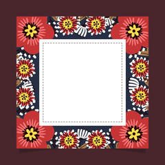 Floral greeting card and invitation template for wedding or birthday anniversary, Vector square shape of text box label and frame, Red flowers wreath ivy style with branch and leaves.