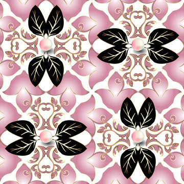 Jewelry 3d Baroque vector seamless pattern. White elegance background. Floral repeat backdrop. Damask baroque ornament in Victorian style. Vintage beautiful pink lily flowers, black leaves, 3d pearls