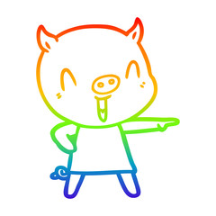 rainbow gradient line drawing happy cartoon pig in dress