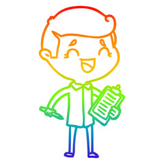 rainbow gradient line drawing cartoon laughing man with clip board