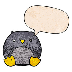 cartoon penguin and speech bubble in retro texture style