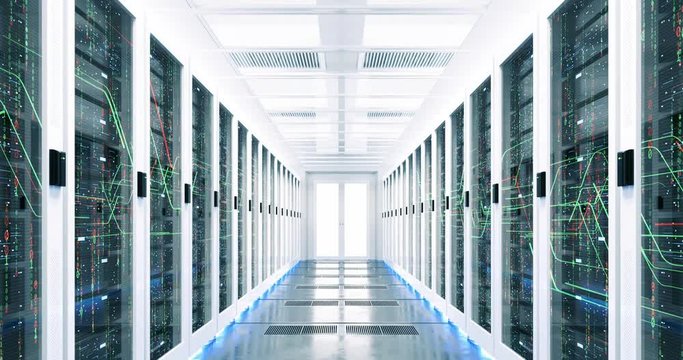 3D Render of Fly Through Rack Servers in Data Center. Digitalization of Global Big Information