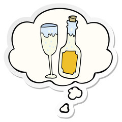 cartoon champagne bottle and glass and thought bubble as a printed sticker