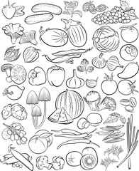 seamless pattern with vegetables and fruits in line art mode - 276948229