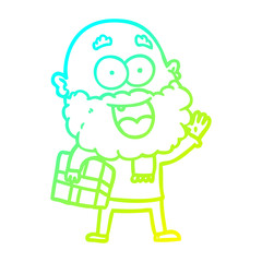 cold gradient line drawing cartoon crazy happy man with beard and gift under arm