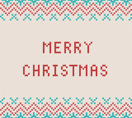 Fototapeta na wymiar Merry christmas greetings on knitted textured white background. Knit geometric ornament with merry christmas text.