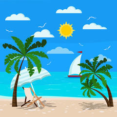 Fototapeta na wymiar Comfortable chaise lounge with sun umbrella on seascape.