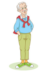 Elegant fashionable grandpa stands with his hand in his pocket.  In cartoon style. Isolated on white background.