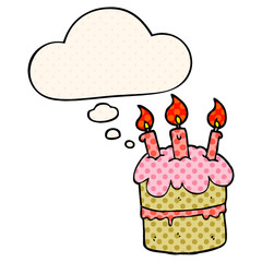 cartoon birthday cake and thought bubble in comic book style