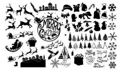 A set of Christmas silhouettes. Santa Claus with deer in a sleigh. Christmas trees. Vector illustration