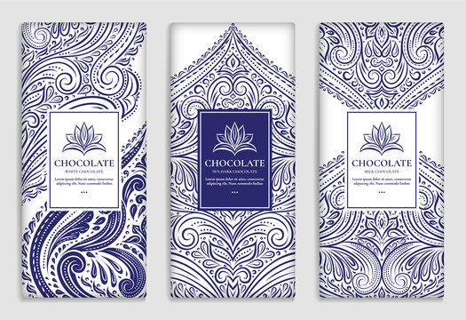 Blue and white vector set of chocolate bar packaging design. Luxury vintage template with ornament elements. Can be used for background and wallpaper. Great for food and drink package types.