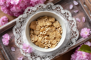 Breakfast cereals with kwanzan cherry blossoms