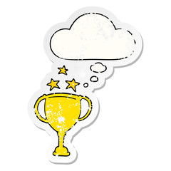 cartoon sports trophy and thought bubble as a distressed worn sticker
