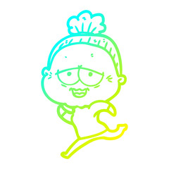 cold gradient line drawing cartoon happy old lady