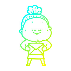 cold gradient line drawing cartoon happy old woman