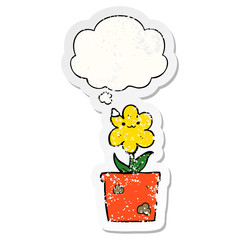 cartoon house plant and thought bubble as a distressed worn sticker