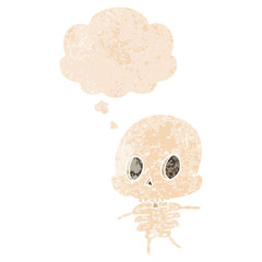 cartoon skeleton and thought bubble in retro textured style