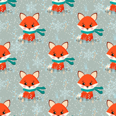 Vector seamless winter pattern with cute fox with scarf, plants, snowflakes ornament.