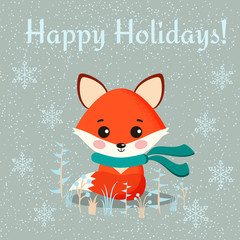 Greeting card with cute fox with scarf and wintee plants on snowy background.