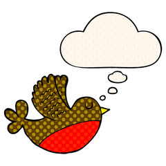 cartoon flying bird and thought bubble in comic book style