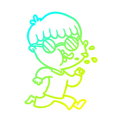 cold gradient line drawing cartoon boy wearing spectacles and running