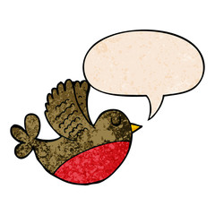 cartoon flying bird and speech bubble in retro texture style