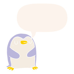 cartoon penguin and speech bubble in retro style