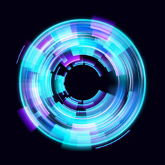 Magic circle light effects. Illustration isolated on dark background. Mystical portal. Bright sphere lens. Rotating lines. Glow ring. Magic neon ball. Vector.