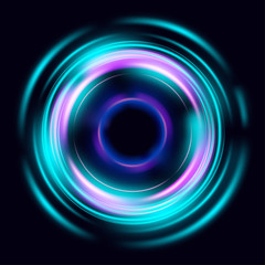 Magic circle light effects. Illustration isolated on dark background. Mystical portal. Bright sphere lens. Rotating lines. Glow ring. Magic neon ball. Vector.