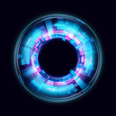 Magic circle light effects. Illustration isolated on dark background. Mystical portal. Bright sphere lens. Rotating lines. Glow ring. Magic neon ball. Vector.