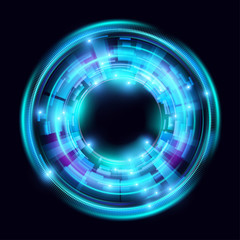 Magic circle light effects. Illustration isolated on dark background. Mystical portal. Bright sphere lens. Rotating lines. Glow ring. Magic neon ball. Vector.