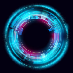 Magic circle light effects. Illustration isolated on dark background. Mystical portal. Bright sphere lens. Rotating lines. Glow ring. Magic neon ball. Vector.