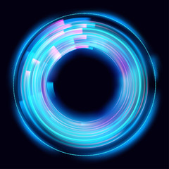 Abstract glowing circles on black background. Magic circle light effects. Illustration isolated on dark background. Mystical portal. Glow ring. Magic neon ball. Vector.