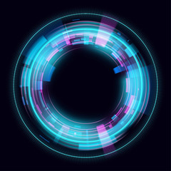 Abstract glowing circles on black background. Magic circle light effects. Illustration isolated on dark background. Mystical portal. Glow ring. Magic neon ball. Vector.