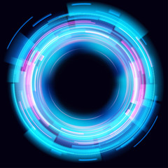 Abstract glowing circles on black background. Magic circle light effects. Illustration isolated on dark background. Mystical portal. Glow ring. Magic neon ball. Vector.